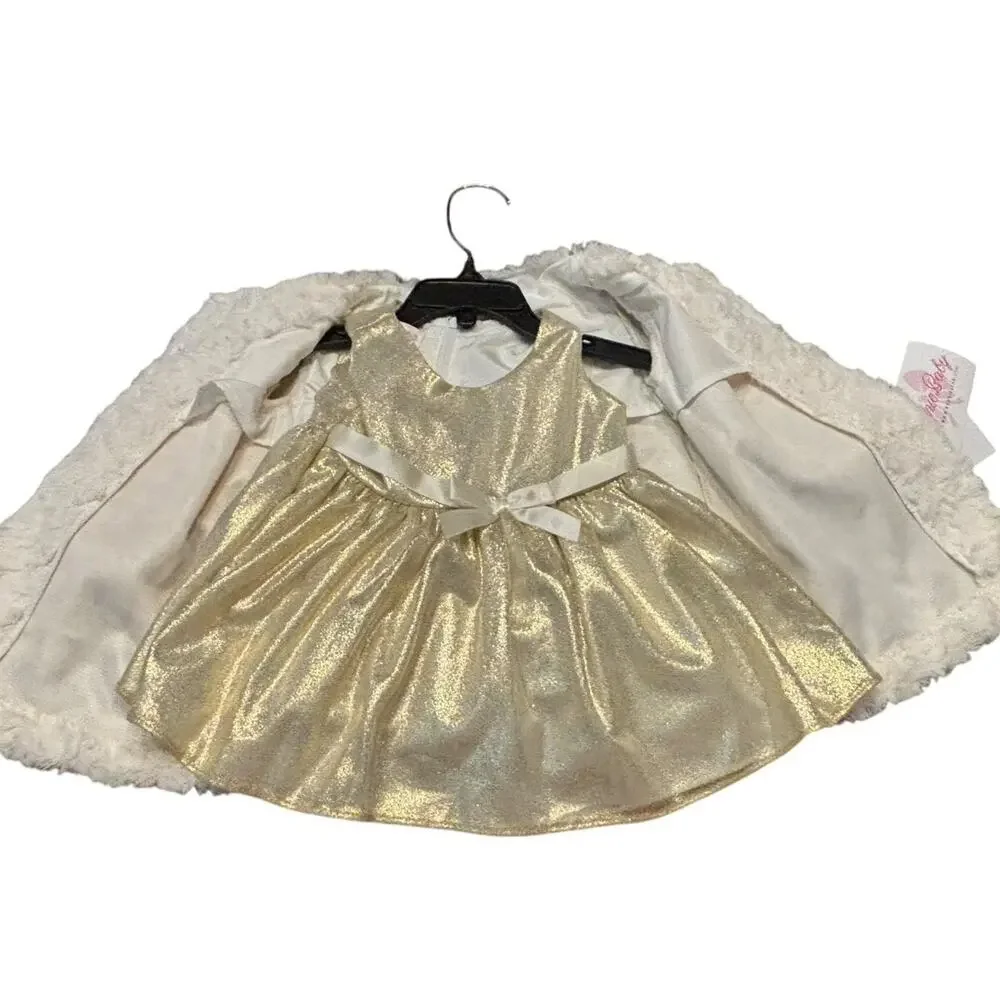 NWT Bonnie Baby 3/6M Gold Shimmering Dress with “fur” coat